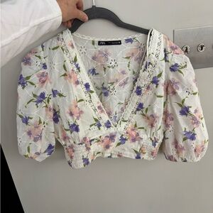 NWOT Zara Floral Lace Blouse - White and Purple